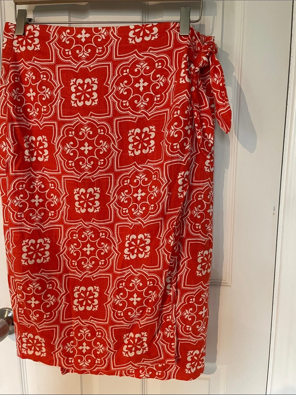 NWT Ann Taylor Ann Linen Blend Faux Wrap Orange White Tile Print Skirt